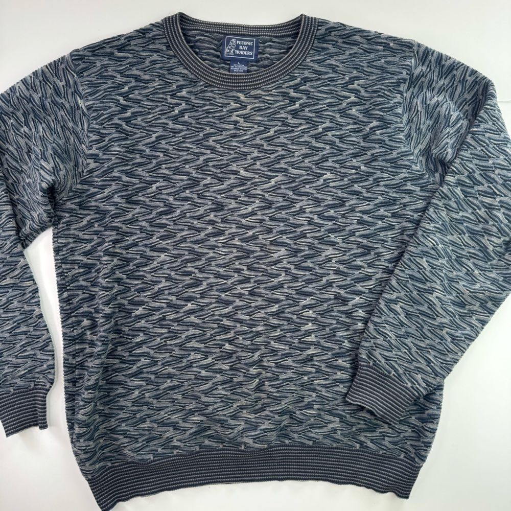 Vintage Peconic Bay Gray Textured Knitted Sweater Crewneck Men Size Large Coogie